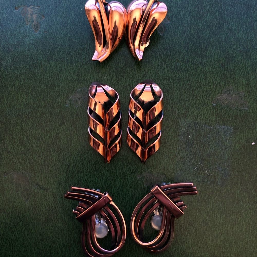 Vintage Mid Century Copper Renoir set of 3 clip on earrings